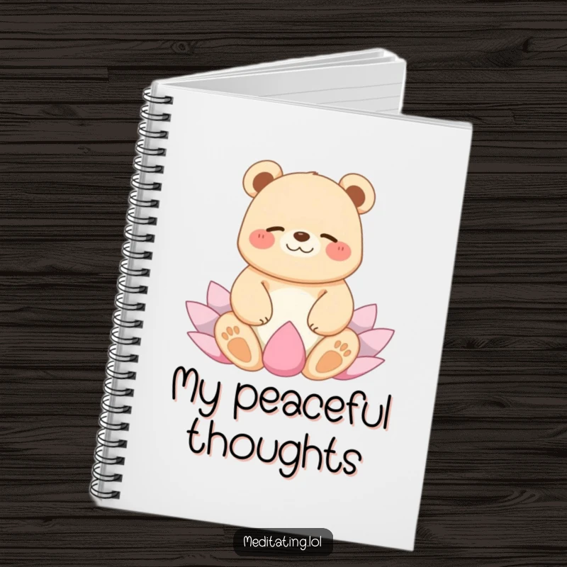 Funny notebook with a giggling bear in a peaceful lotus yoga pose, encouraging calm thoughts and humorous journaling.
