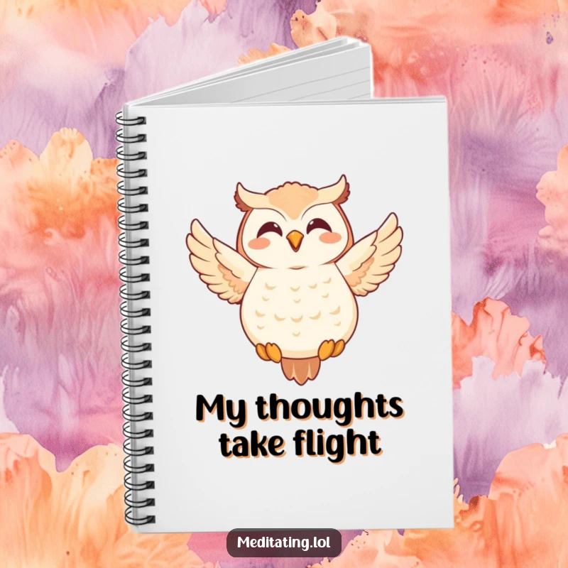 Funny Owl Notebook: Joyful owl in a meditative floating pose, perfect for jotting down thoughts with humor.