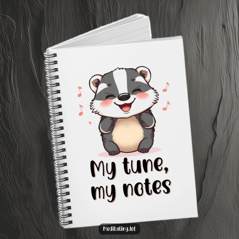 Funny Notebook with a grinning badger humming a tune, ideal for writing, drawing, and capturing cheerful ideas.