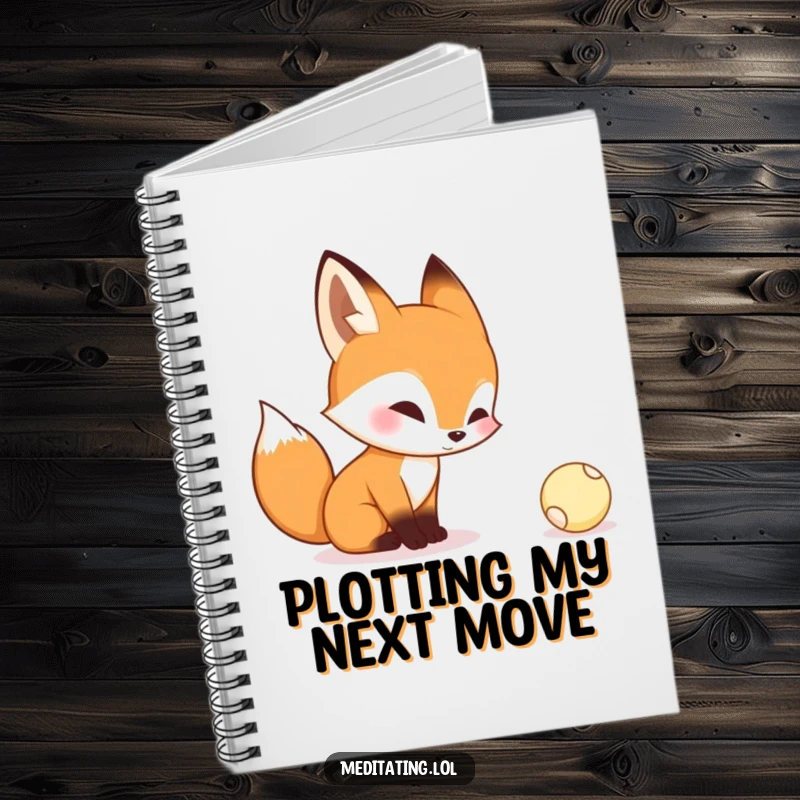 Funny notebook featuring a curious fox contemplating a tiny bouncing ball, ideal for jotting down curious thoughts and plans.