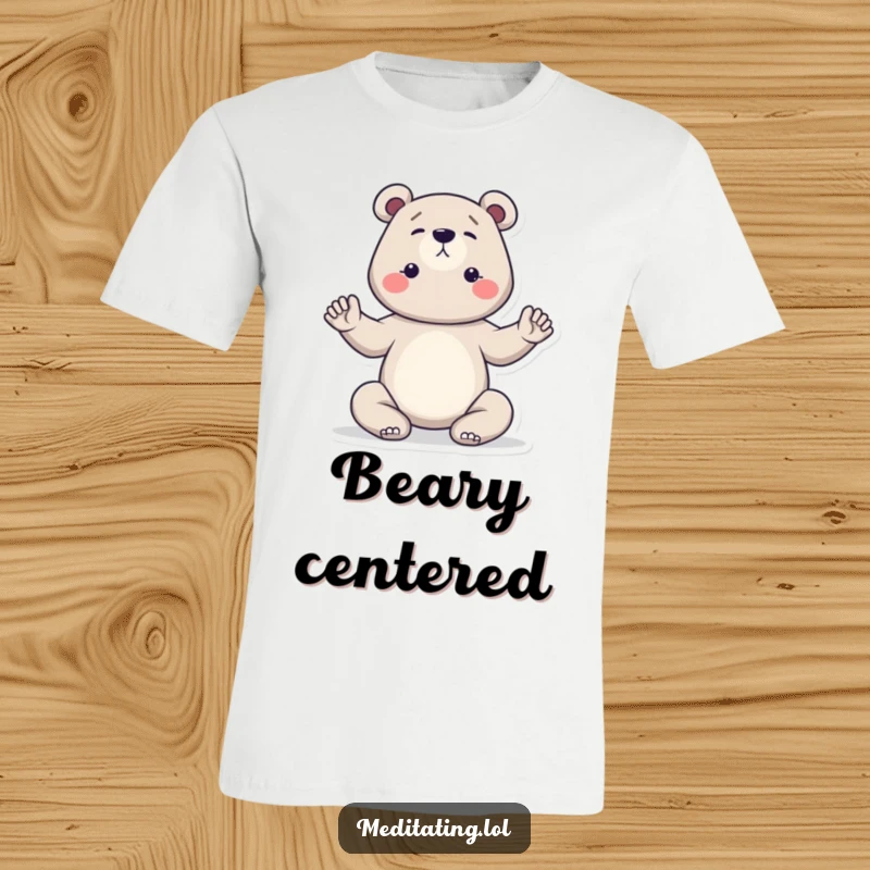 Funny bear yoga t-shirt featuring a determined bear holding a yoga pose with intense serene focus, ideal for fitness enthusiasts and humor lovers.