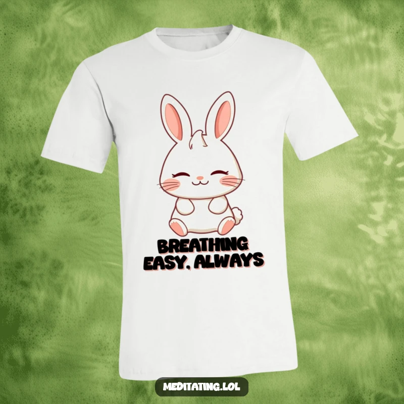 Funny t-shirt displaying a cheerful rabbit breathing deeply with a serene expression, promoting peace and lightheartedness.