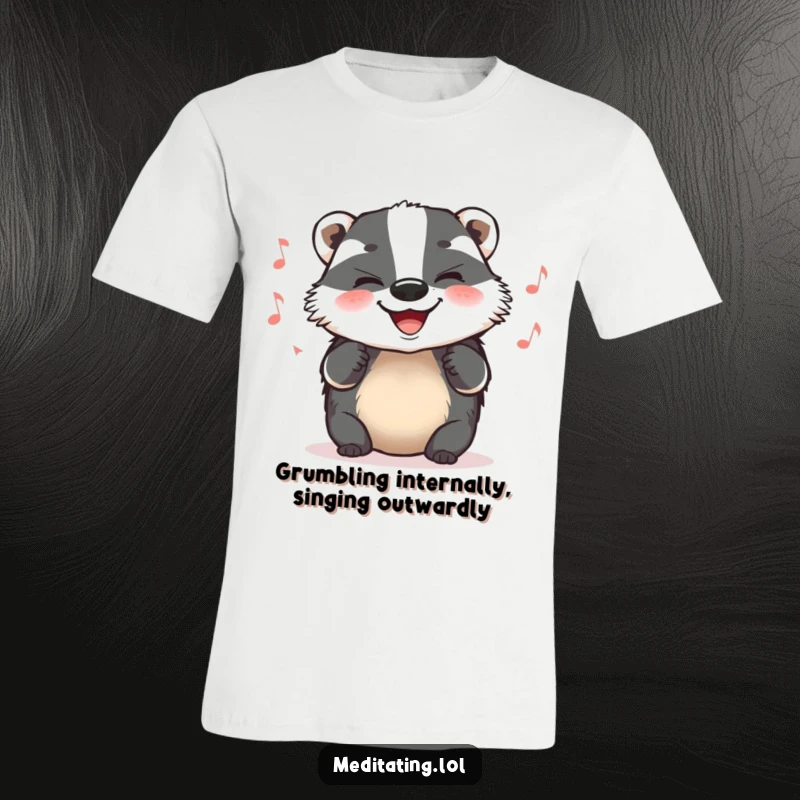 Funny T-Shirt showing a grinning badger humming a contented tune, capturing a moment of pure, joyous peace.