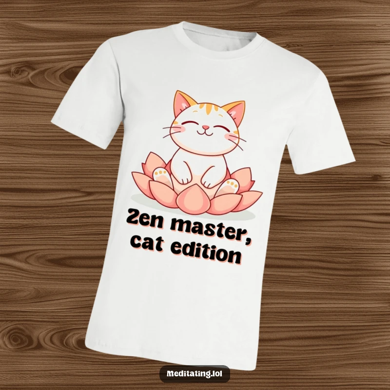 Funny cat t-shirt featuring a cheerful cat in a serene lotus yoga pose, embodying peaceful feline bliss.