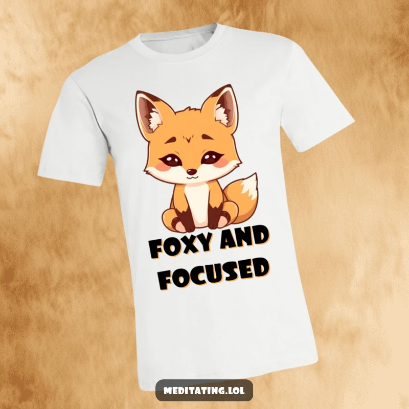 Funny T-Shirt: A curious fox with comically raised eyebrows is depicted in a state of deep, peaceful meditation.