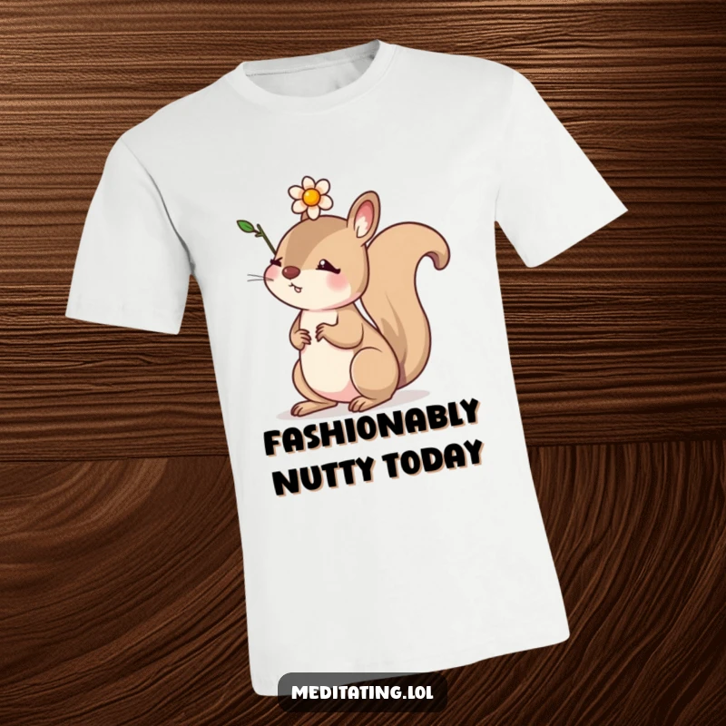 Funny t-shirt with a determined squirrel balancing a small flower on its head, symbolizing focus and cute perseverance.