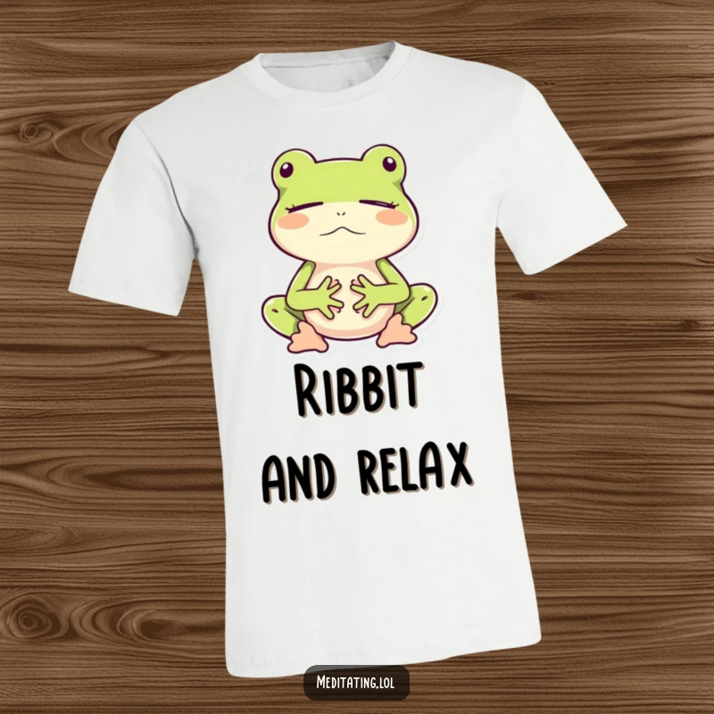 Funny t-shirt print of a frog peacefully meditating while gently bouncing, embodying serene joy.