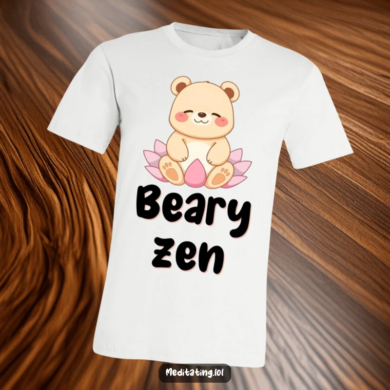 Funny t-shirt featuring a happy bear giggling serenely while floating in a lotus yoga pose, embodying peaceful humor.