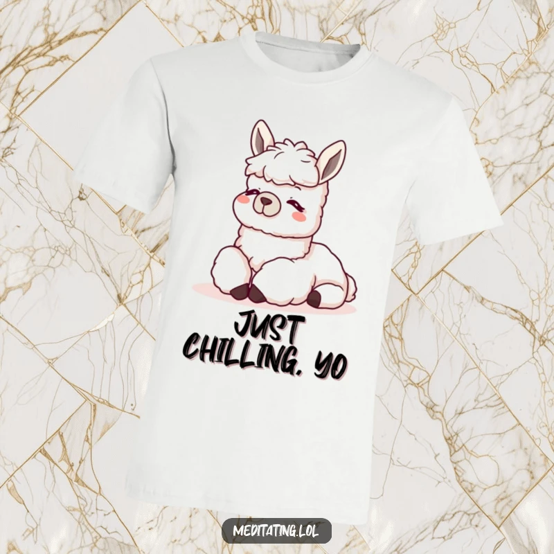 Funny Llama T-Shirt with a content llama resting its head on its knees, exuding maximum relaxation and chill vibes.