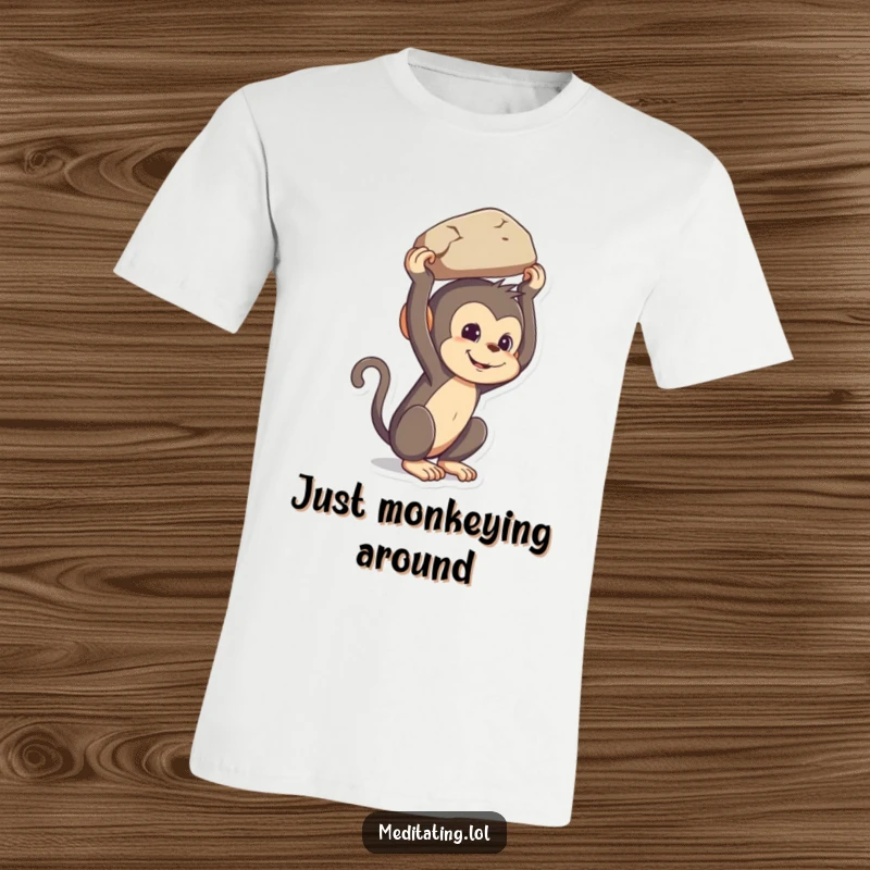 Funny mischievous monkey t-shirt, a primate skillfully balancing a heavy rock on its head, showcasing playful determination.