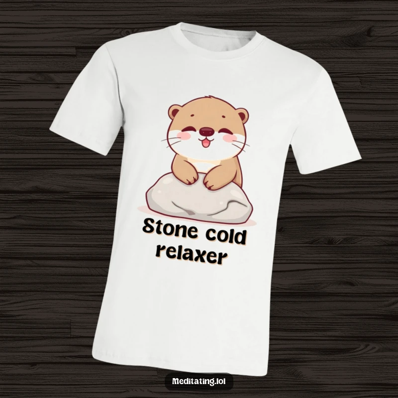 Funny T-Shirt showing a happy otter resting its head on a smooth stone, capturing a moment of serene joy.
