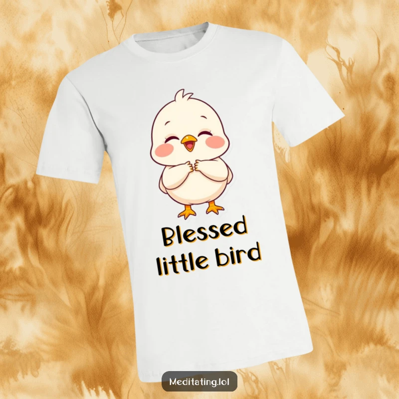 Funny chick t-shirt depicting a delighted chick with folded hands and a serene, peaceful look.