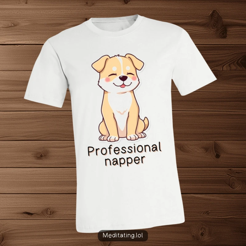 Funny dog t-shirt depicting a proud dog sitting upright, eyes closed in peaceful, Zen-like contemplation.