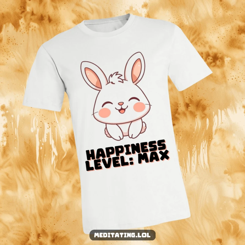 Funny t-shirt with a happy rabbit in a serene smile and closed eyes, showcasing pure, joyful contentment.