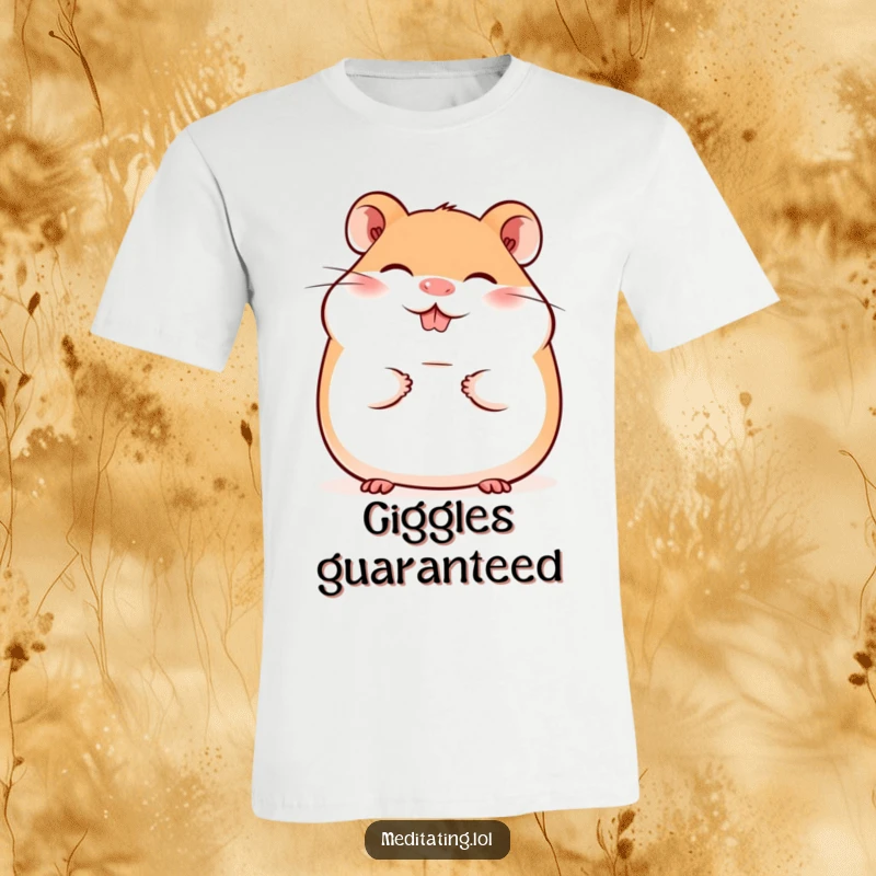 Funny t-shirt with a giggling hamster sporting a peaceful smile, embodying cuteness and joyful contentment.