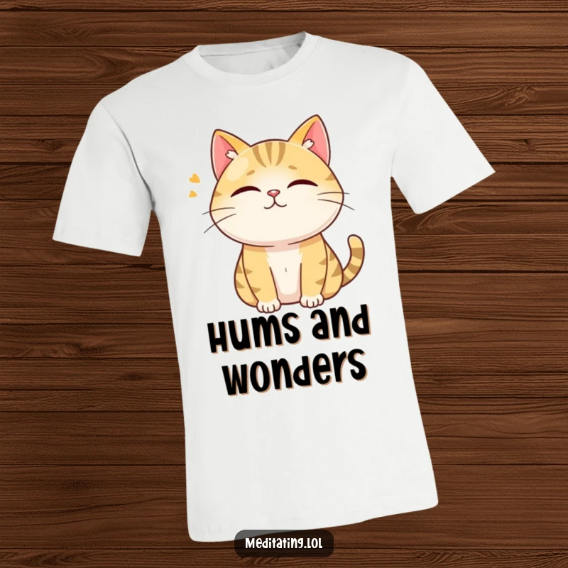 Funny t-shirt with a curious cat humming with eyes closed, radiating peaceful and humorous vibes.