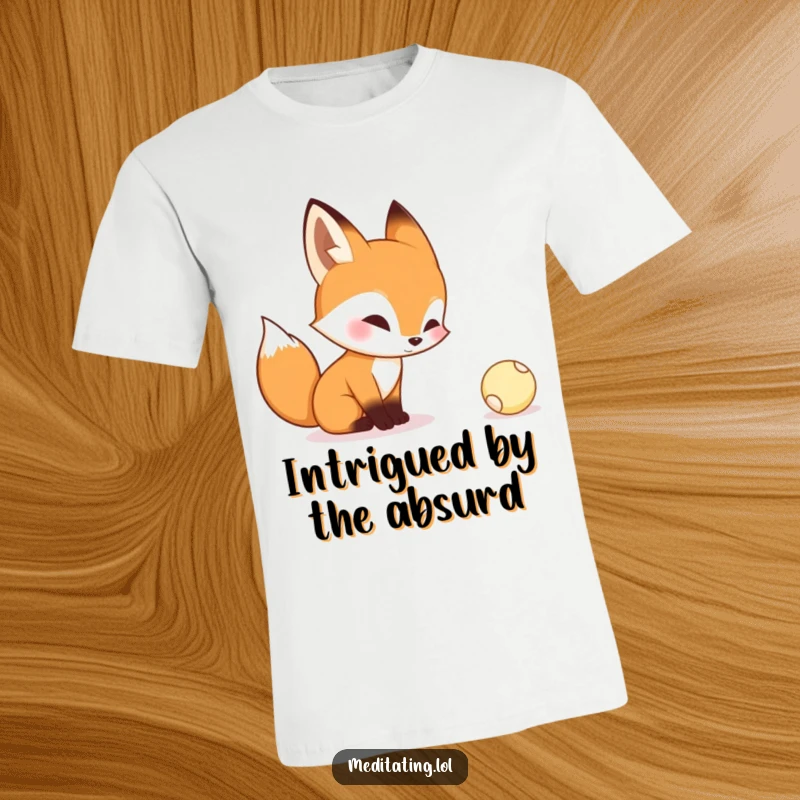 Funny t-shirt depicting a curious fox intently watching a tiny bouncing ball, showcasing intrigue and playful thought.
