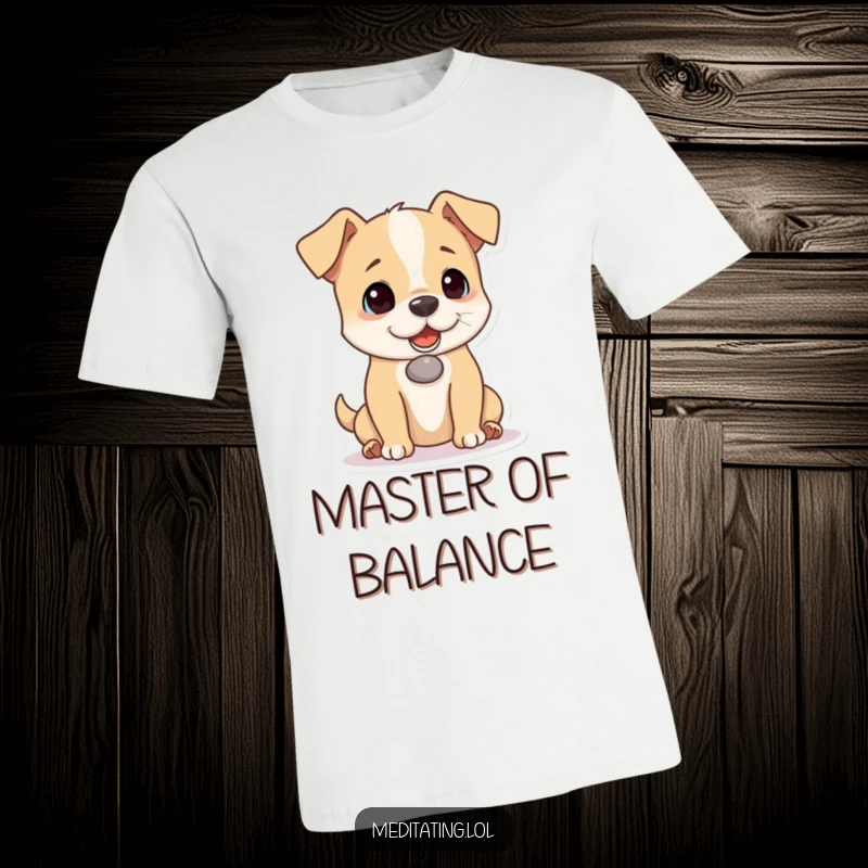 Funny dog t-shirt showcasing a playful dog masterfully balancing a tiny pebble on its nose, a humorous and eye-catching design for dog fans.