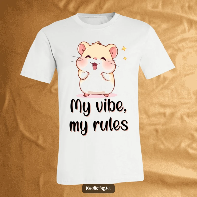Funny hamster t-shirt depicting a cheerful hamster meditating and wafting distractions, offering comfort and lighthearted humor.