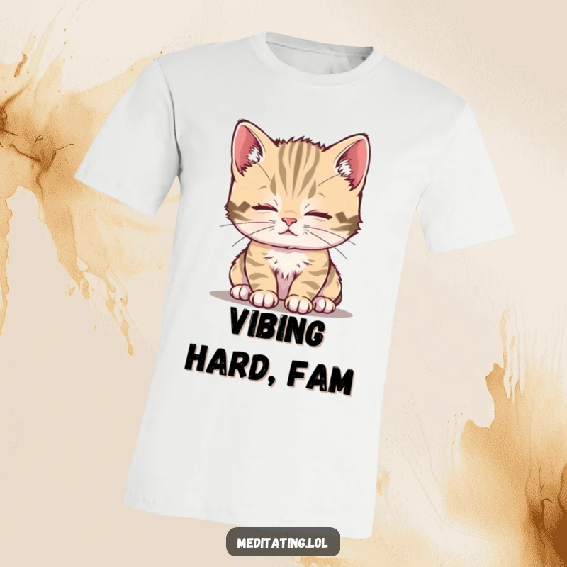Funny kitten t-shirt depicting a curious kitten breathing deeply, radiating a peaceful and calm aura.