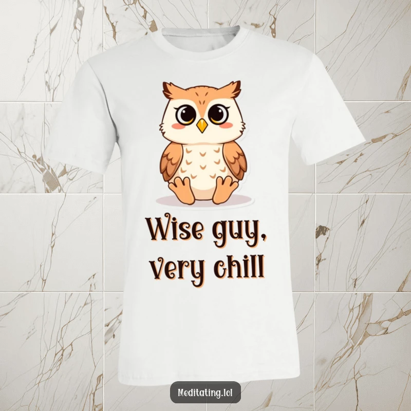 Funny owl t-shirt showing a wise owl meditating peacefully, exuding calm and a touch of playful humor for a comfortable fit.