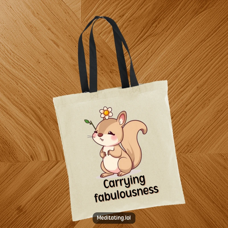 Funny tote bag with a determined squirrel balancing a small flower on its head, perfect for carrying essentials with purpose.