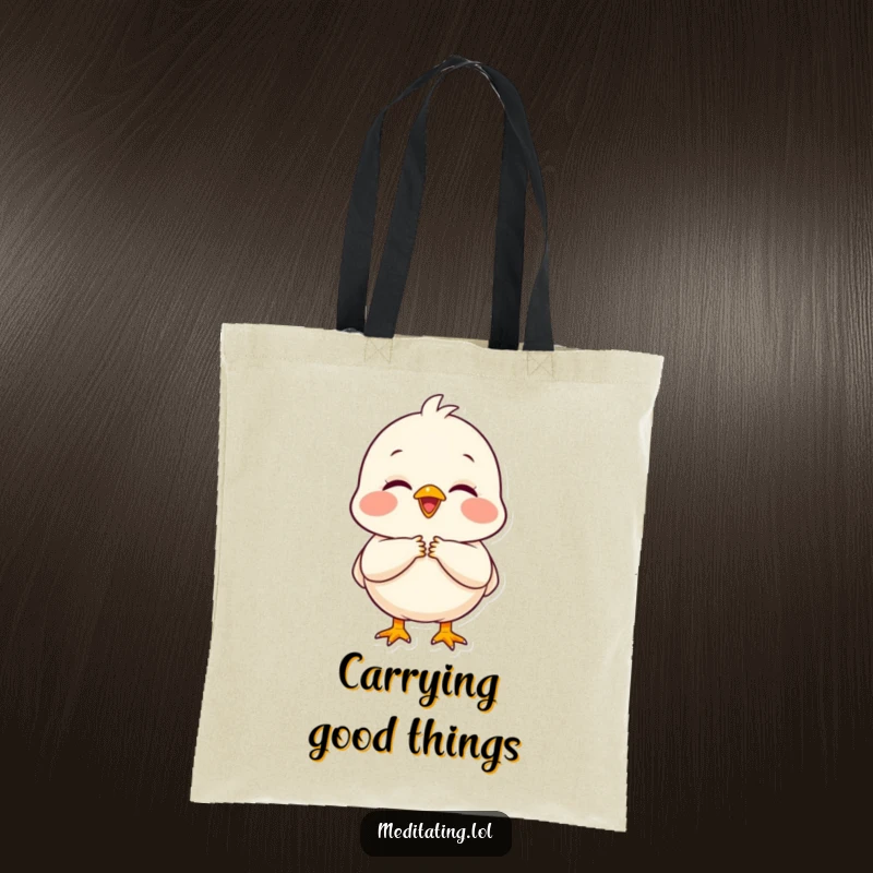 Funny chick tote bag with a delighted chick holding hands in prayer, projecting peaceful gratitude.