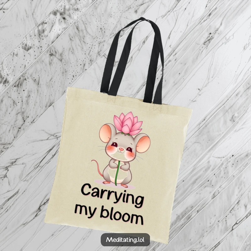 Funny Tote Bag with a giggling mouse balancing a lotus flower, ideal for carrying items with a dose of zen humor.