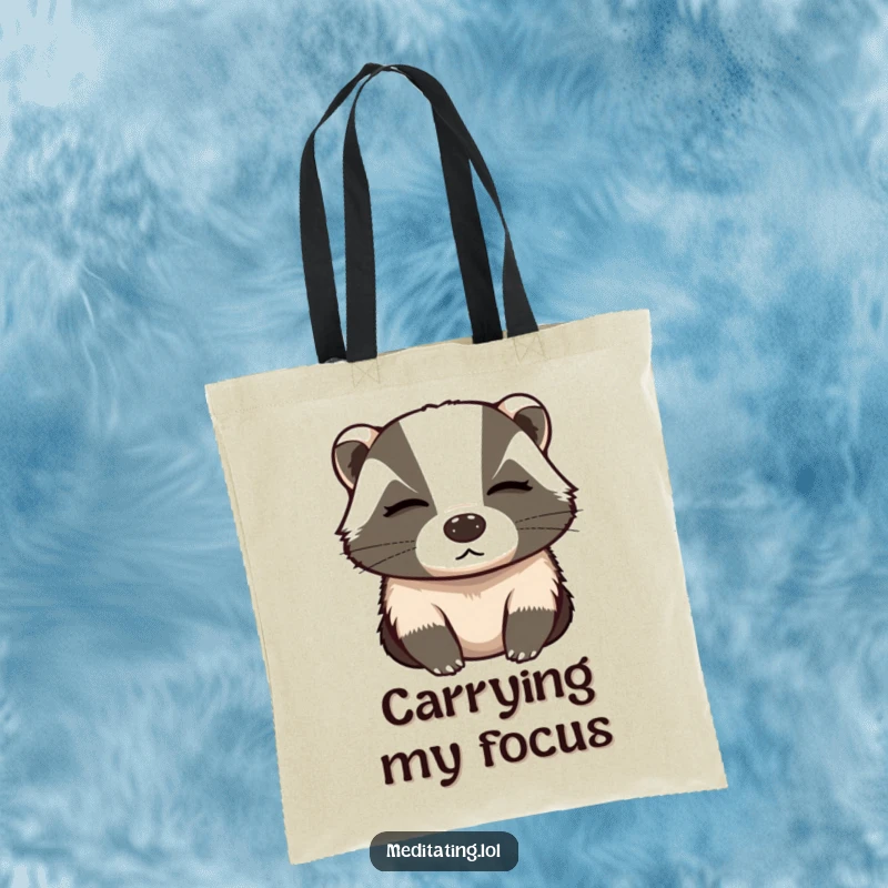 Funny tote bag with a determined badger inhaling deeply with eyes closed, symbolizing focus and preparation.
