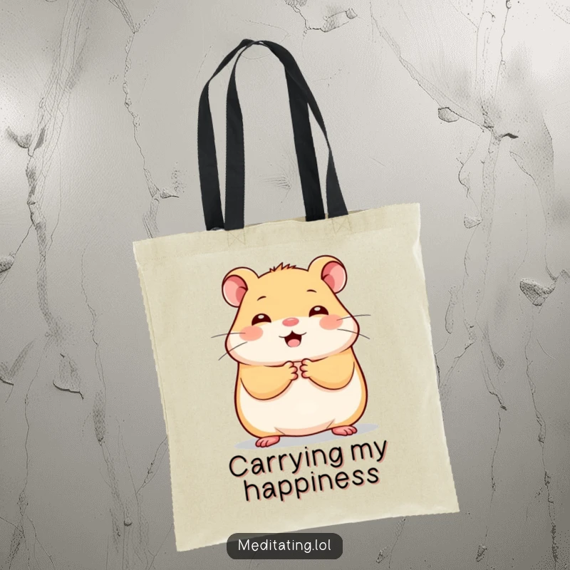 Funny cheerful hamster tote bag, depicting a hamster holding paws together in stillness, a charming and functional accessory.