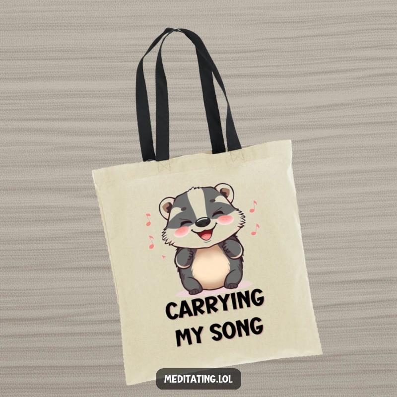 Funny Tote Bag with a grinning badger humming a tune, ideal for carrying items with a bit of woodland music.