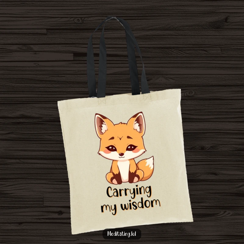 Funny Tote Bag: A curious fox sits in deep meditation, eyebrows raised in humorous contemplation.