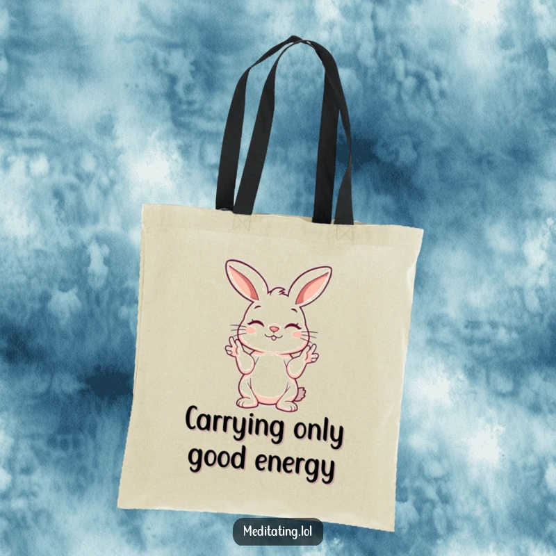 Funny bunny tote bag showcasing a playful bunny holding its paws in a peaceful mudra, perfect for carrying daily items serenely.