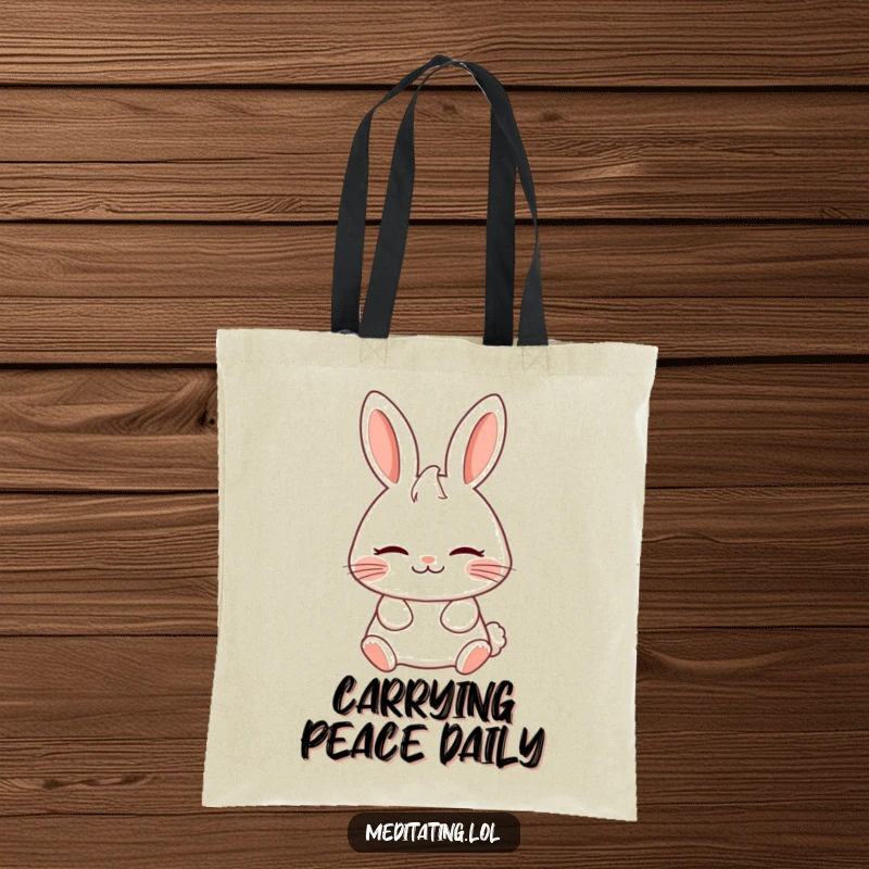 Funny tote bag showing a cheerful rabbit breathing deeply with a serene expression, perfect for carrying calm and joy.