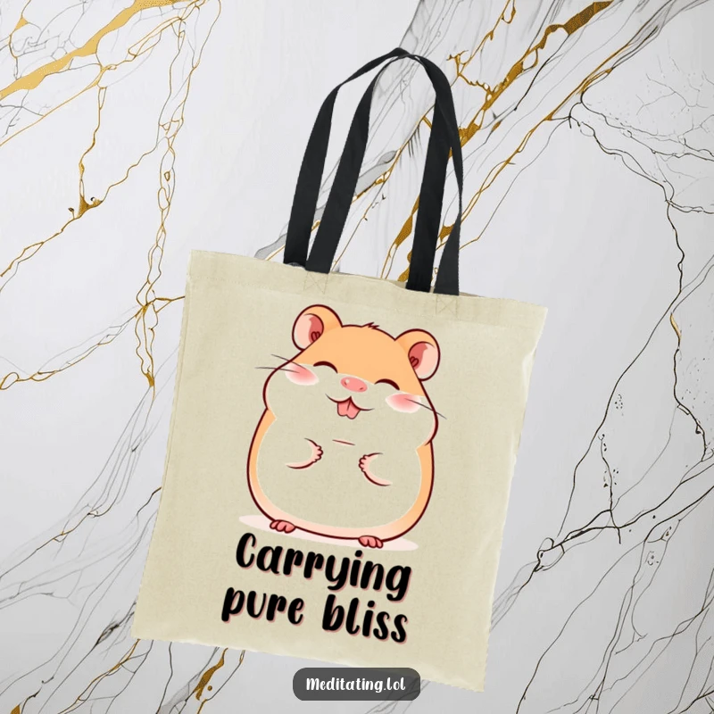 Funny tote bag with a giggling hamster radiating happiness with its peaceful smile, perfect for daily use.