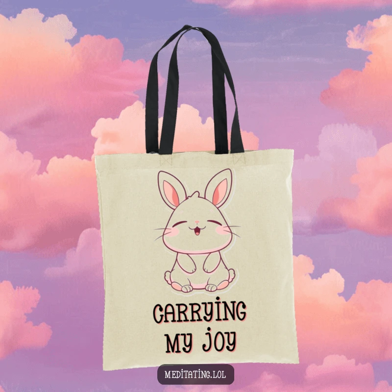 Funny rabbit tote bag depicting a cheerful bunny with eyes closed, taking a deep, blissful breath, ideal for carrying essentials with charm.