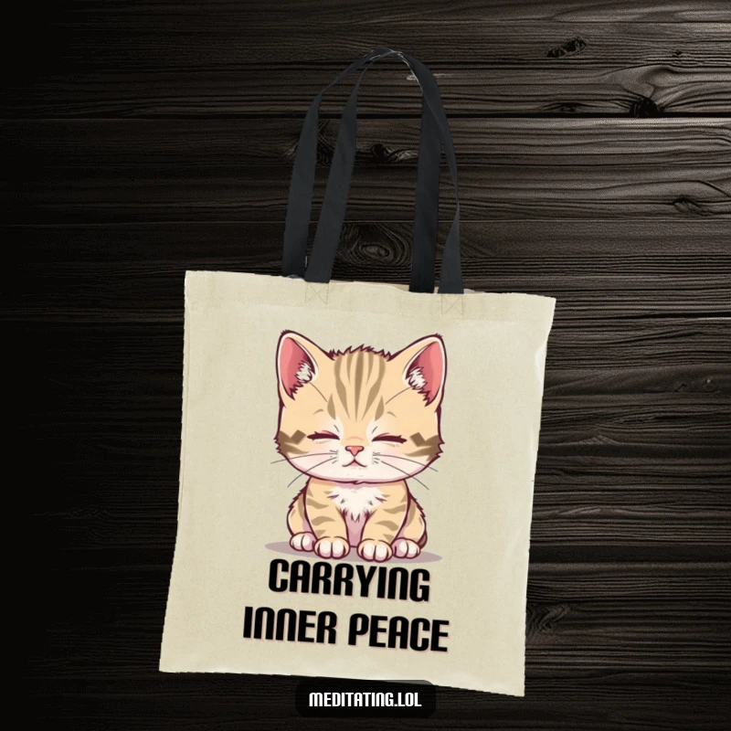 Funny kitten tote bag with a curious kitten breathing deeply, projecting a calm and peaceful demeanor.