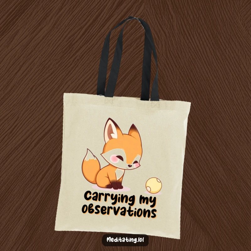 Funny tote bag with a curious fox contemplating a tiny bouncing ball, perfect for carrying items and sparking smiles.