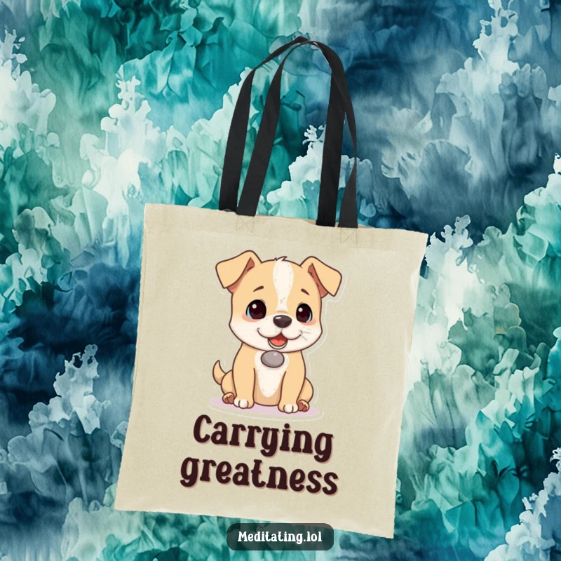 Funny dog tote bag depicting a playful dog with impressive focus, balancing a tiny pebble on its nose, ideal for carrying essentials stylishly.