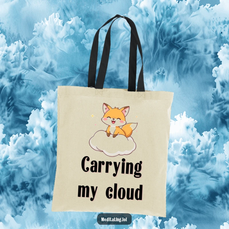 Funny Tote Bag featuring a joyful fox floating on a cloud cushion, perfect for carrying items with a smile.