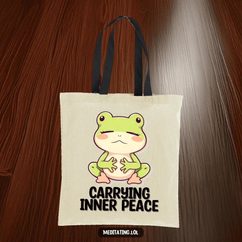 Funny tote bag featuring a frog meditating peacefully while bouncing, perfect for carrying essentials with a dose of calm.