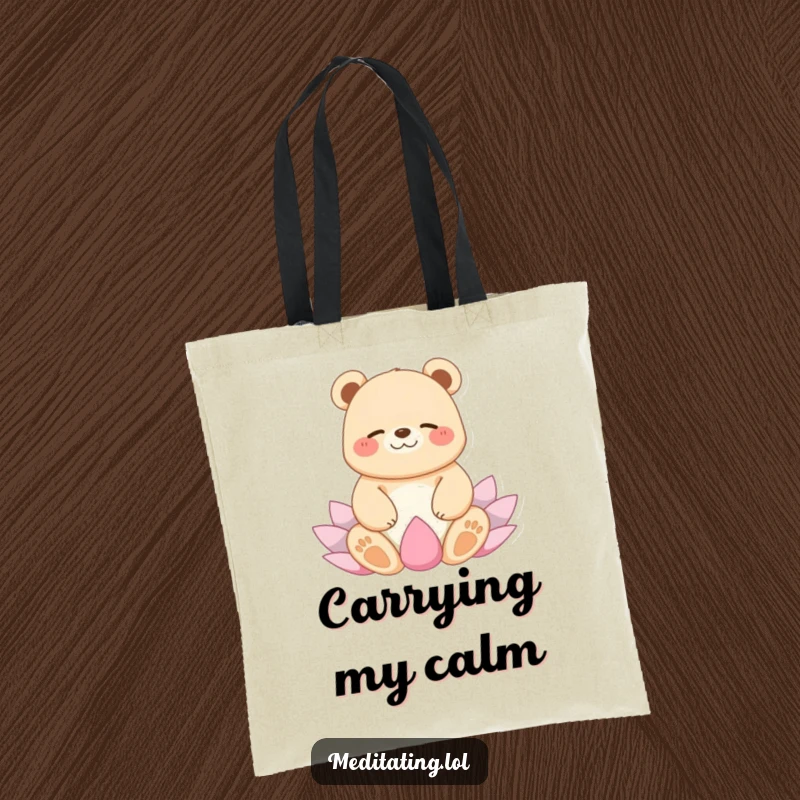 Funny tote bag featuring a giggling bear floating peacefully in a lotus yoga pose, perfect for carrying essentials with zen.