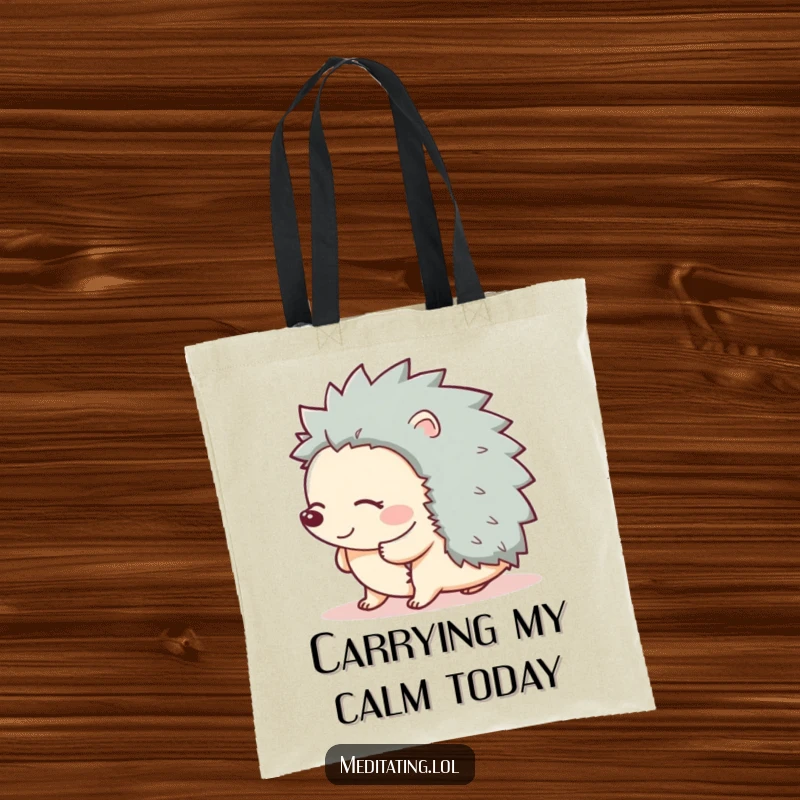 Funny tote bag featuring a giggling hedgehog swaying with closed eyes, a symbol of happy, carefree moments.