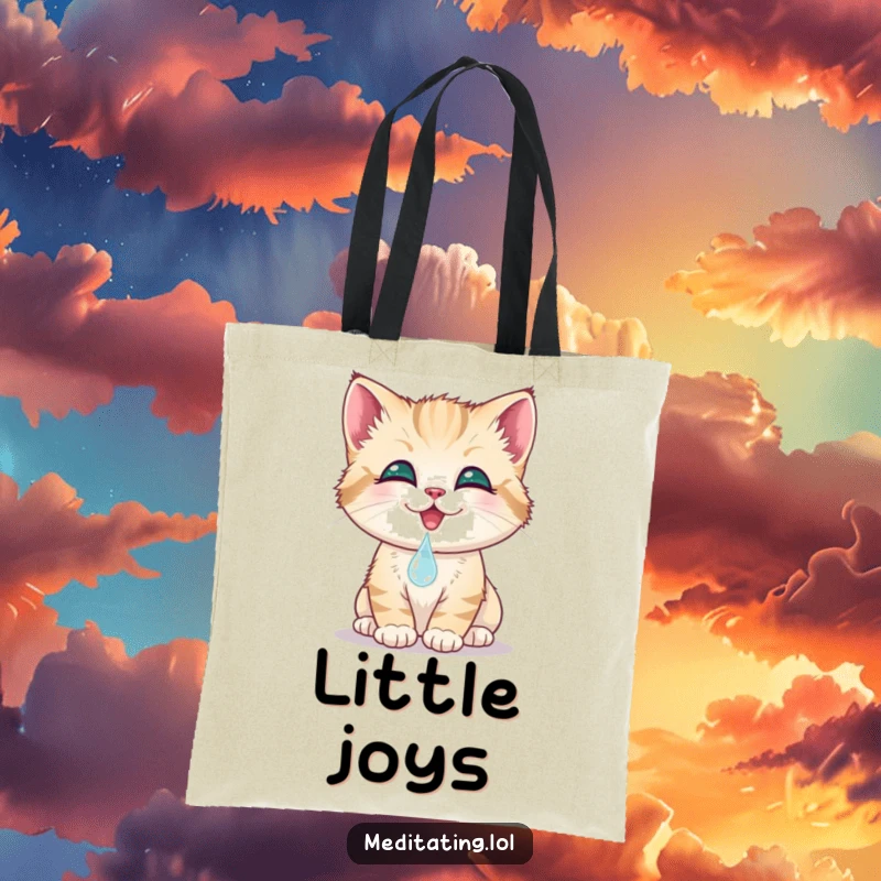 Funny kitten tote bag, a smiling cat gently touches its nose to a dewdrop, perfect for daily use. A charmingly cute accessory.