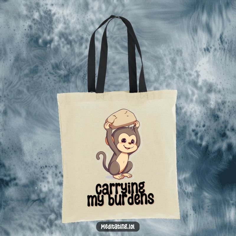 Funny mischievous monkey tote bag, depicting a primate balancing a rock on its head, a humorous and practical accessory.