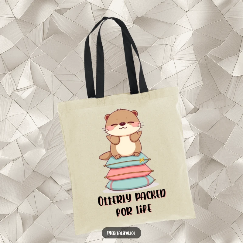 Funny otter tote bag depicting an otter balancing on cushions, perfect for carrying your essentials with serene style.