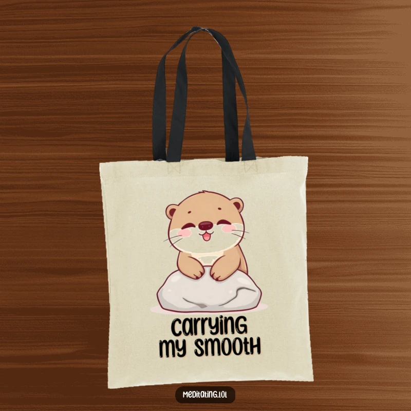 Funny Tote Bag with a happy otter resting its head on a stone, ideal for carrying items with a dose of otter joy.