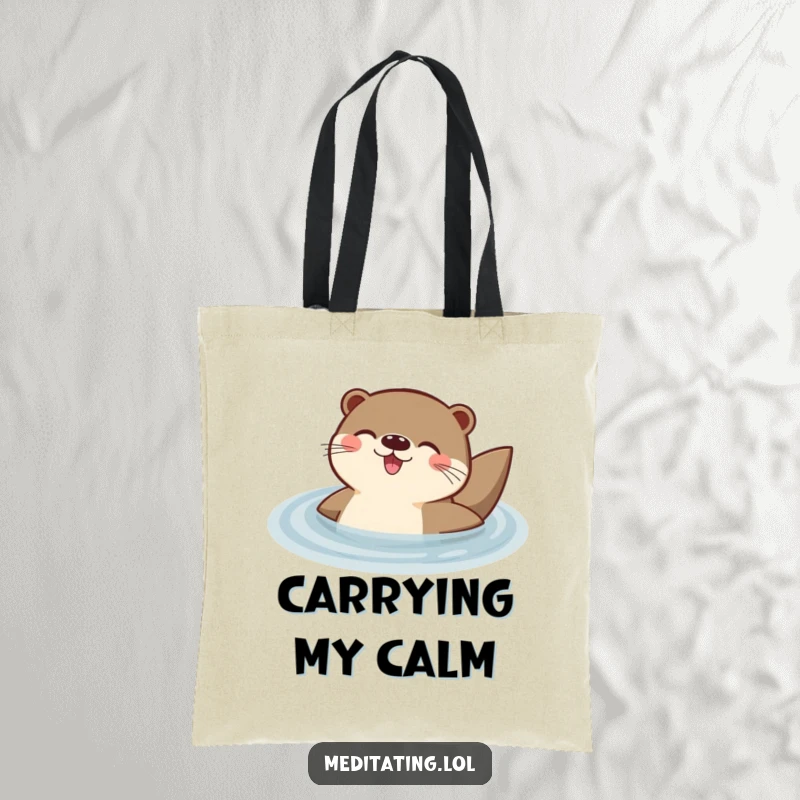 Funny tote bag illustrating a delighted otter floating peacefully on its back in water, a joyful and carefree scene.