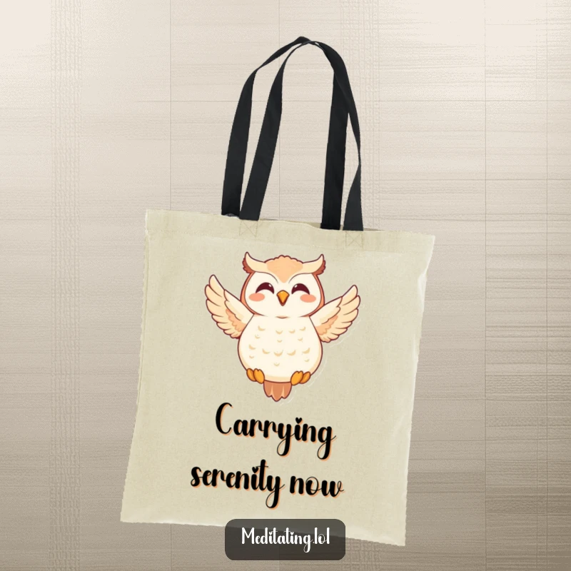 Funny Owl Tote Bag: A joyful owl in a graceful meditative pose, perfect for carrying essentials with a humorous twist.