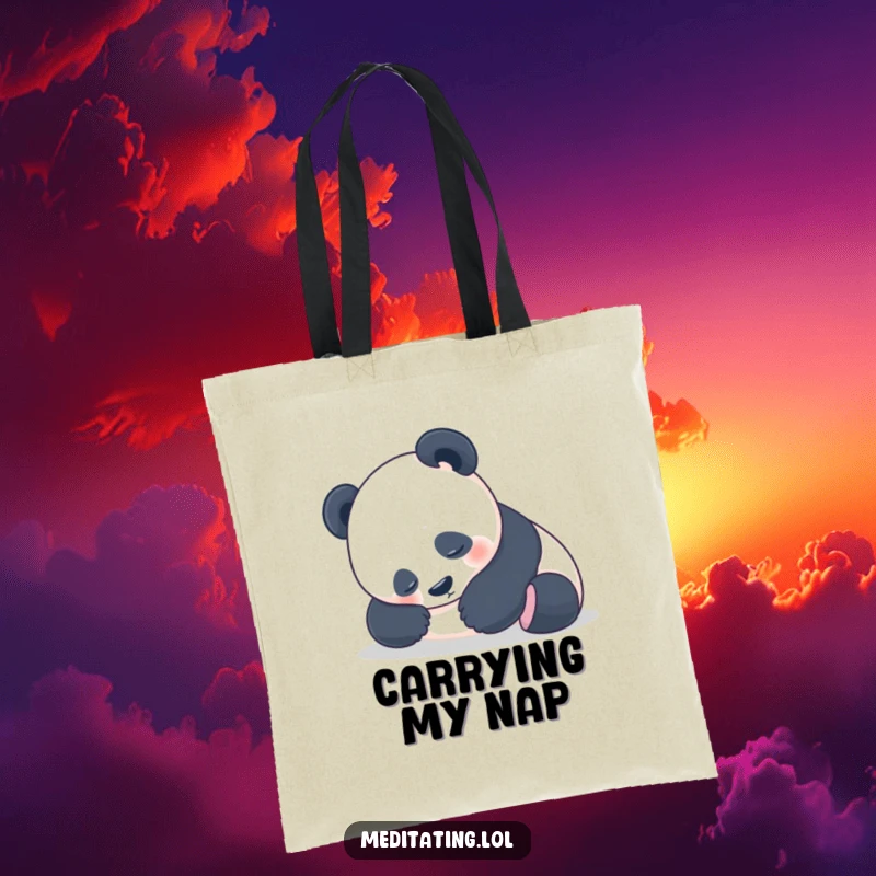 Funny Panda Tote Bag: Peaceful panda resting its head in its paws, a humorous and relaxed accessory.